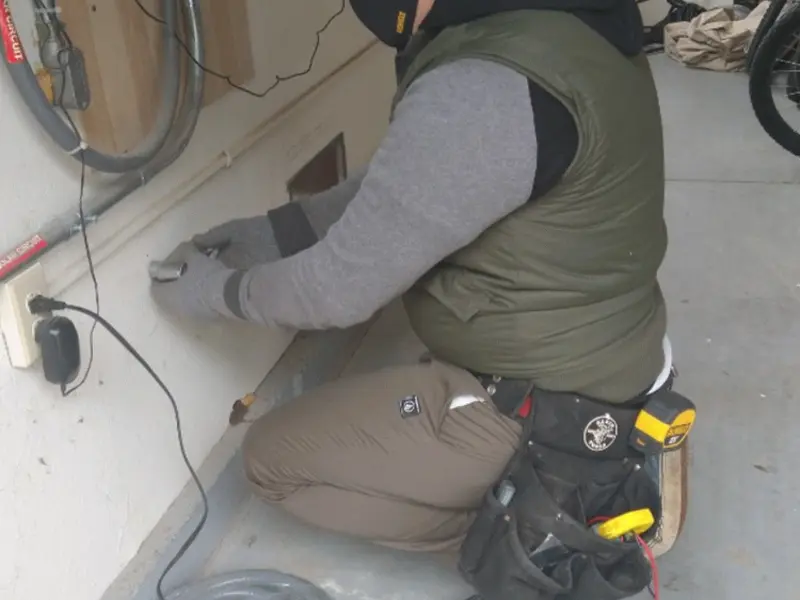 Electrician performing outlet wiring in a South Barrington garage